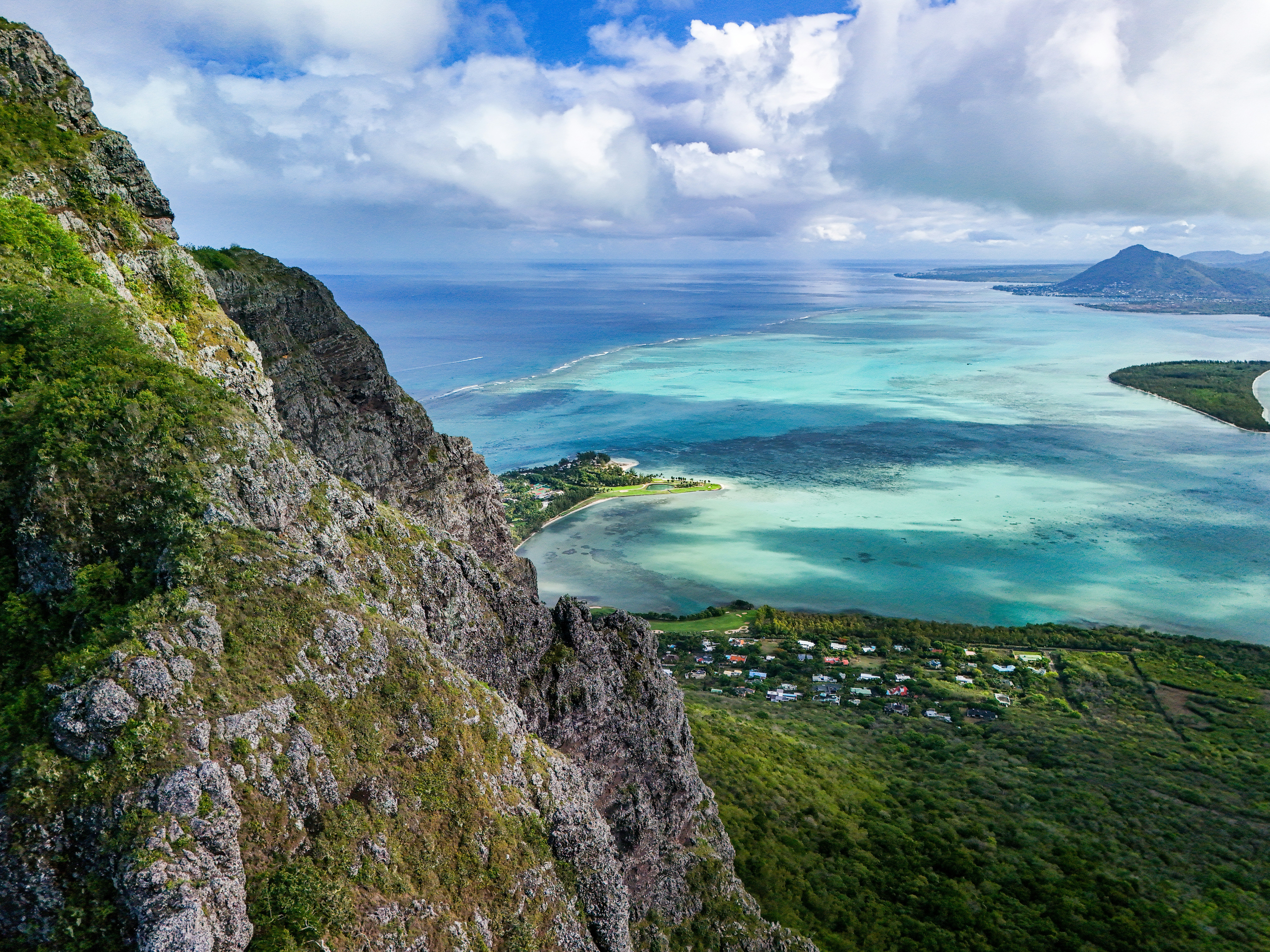Le Morne cliff overlooking turquoise lagoons on Mauritius south-west coast