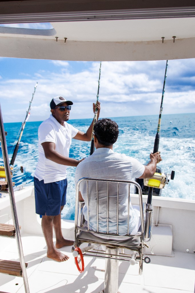 Anglers on a private sport-fishing boat targeting marlin and tuna in Mauritian waters