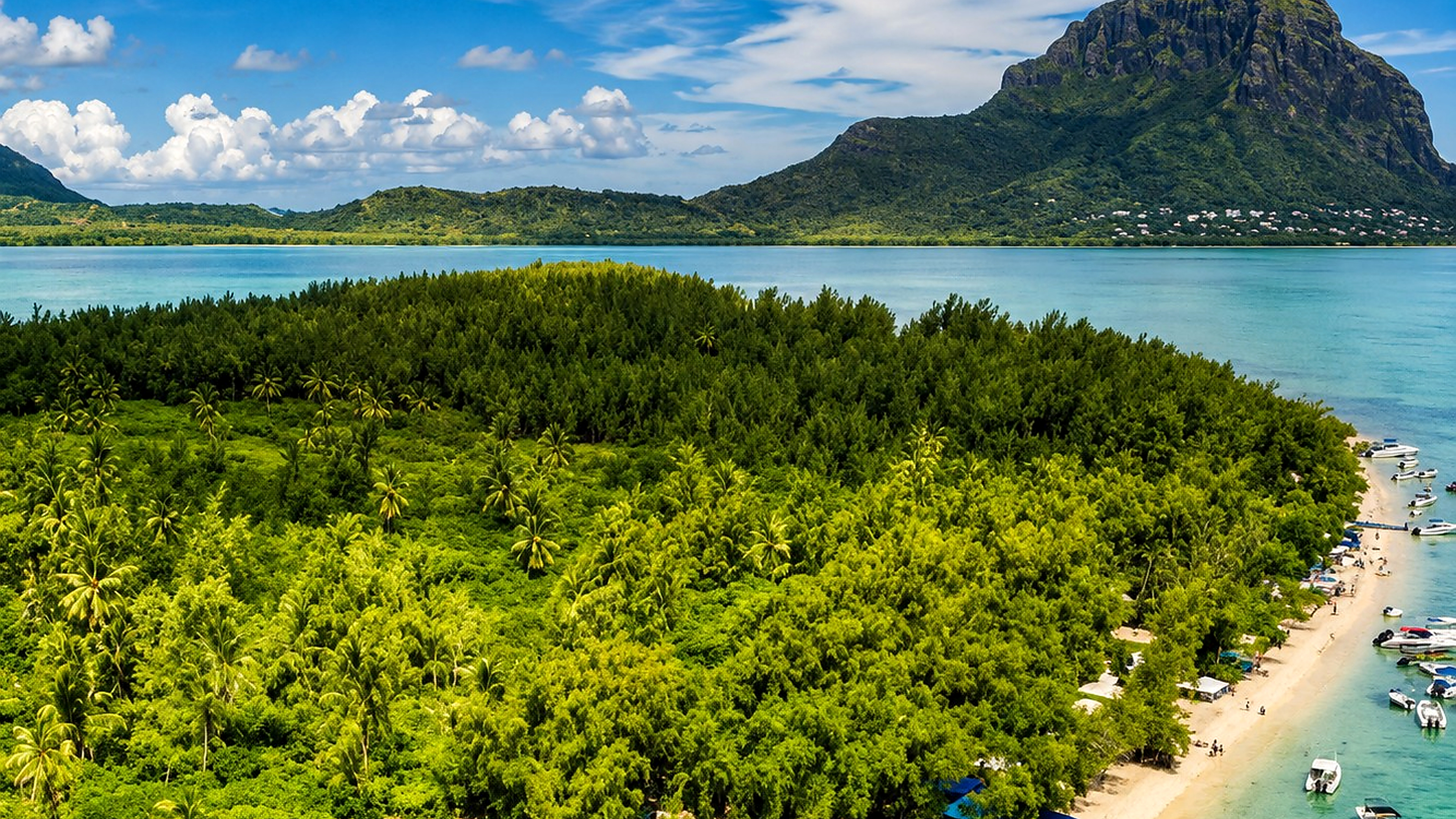 Aerial view of Ile aux Bénitiers with turquoise lagoon and Le Morne in the distance